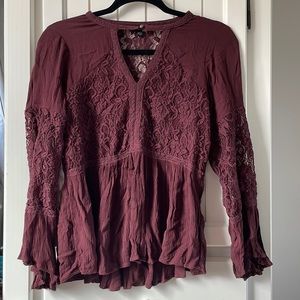 American Eagle Outfitters Maroon Lace Long Sleeve Womens Blouse